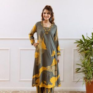Green-Orang-Color-Printed-Kurta-with-Pant