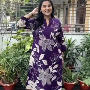 Deep Purple Floral Printed Long Kurti
