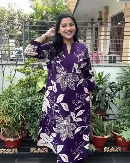 Deep Purple Floral Printed Long Kurti