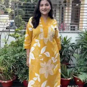 Mustard Yellow Floral Printed Long Kurti