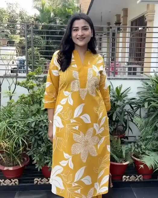 Mustard Yellow Floral Printed Long Kurti
