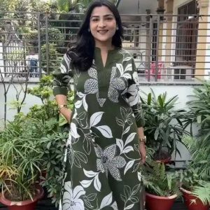 Olive Green Floral Printed Long Kurti