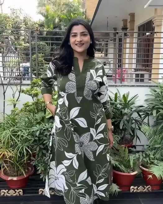 Olive Green Floral Printed Long Kurti