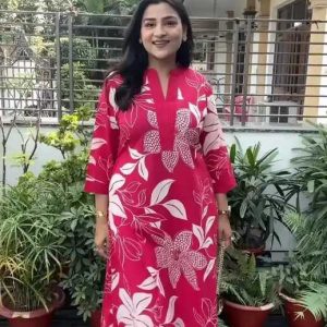 Hot Pink Floral Printed Long Kurti