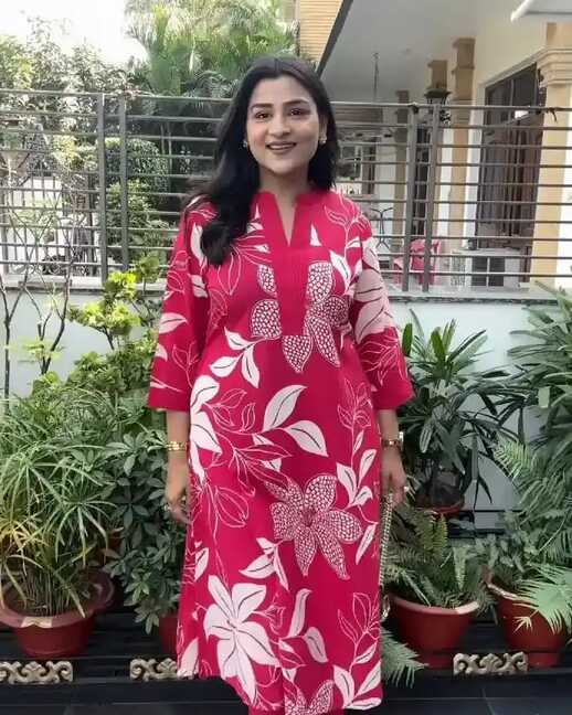 Hot Pink Floral Printed Long Kurti